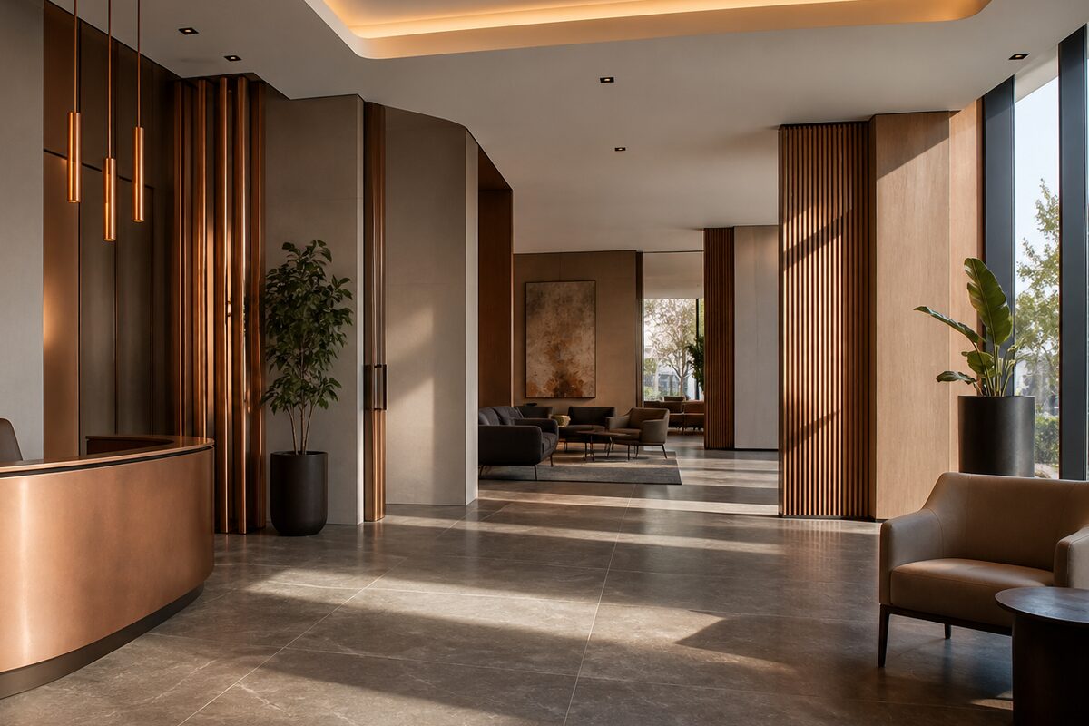 A warm institutional interior at dusk