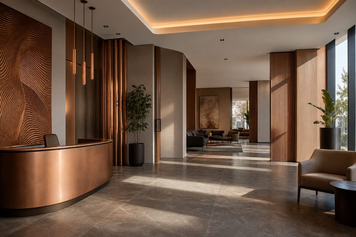 An agency office corridor lit warm at dusk