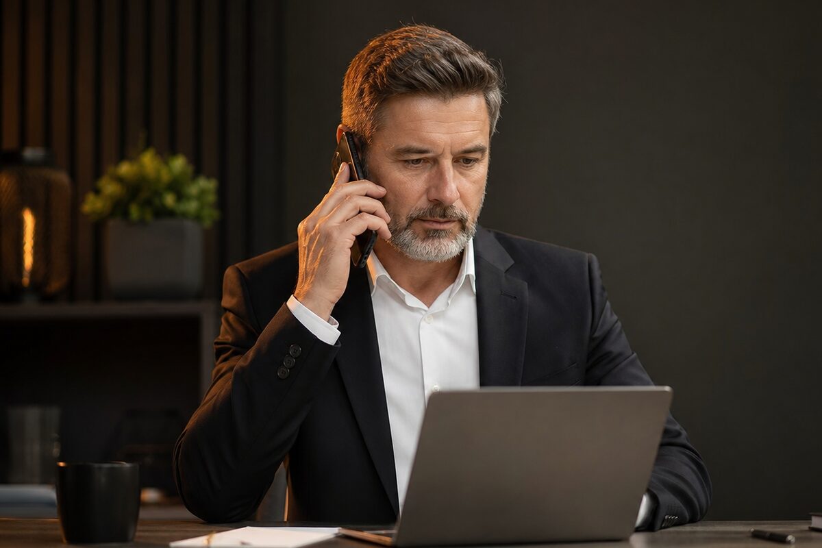 An agent working a call at a warm-lit desk