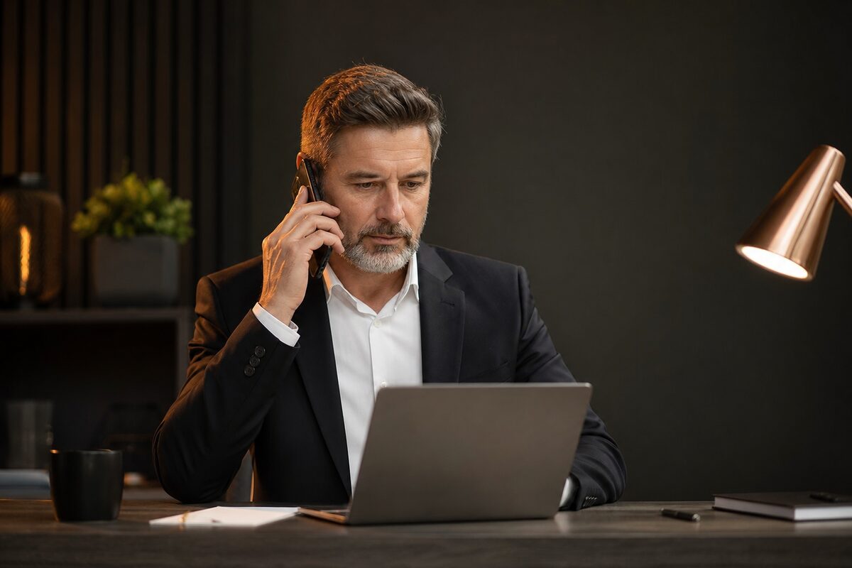 An agent reviewing statements at a lit desk