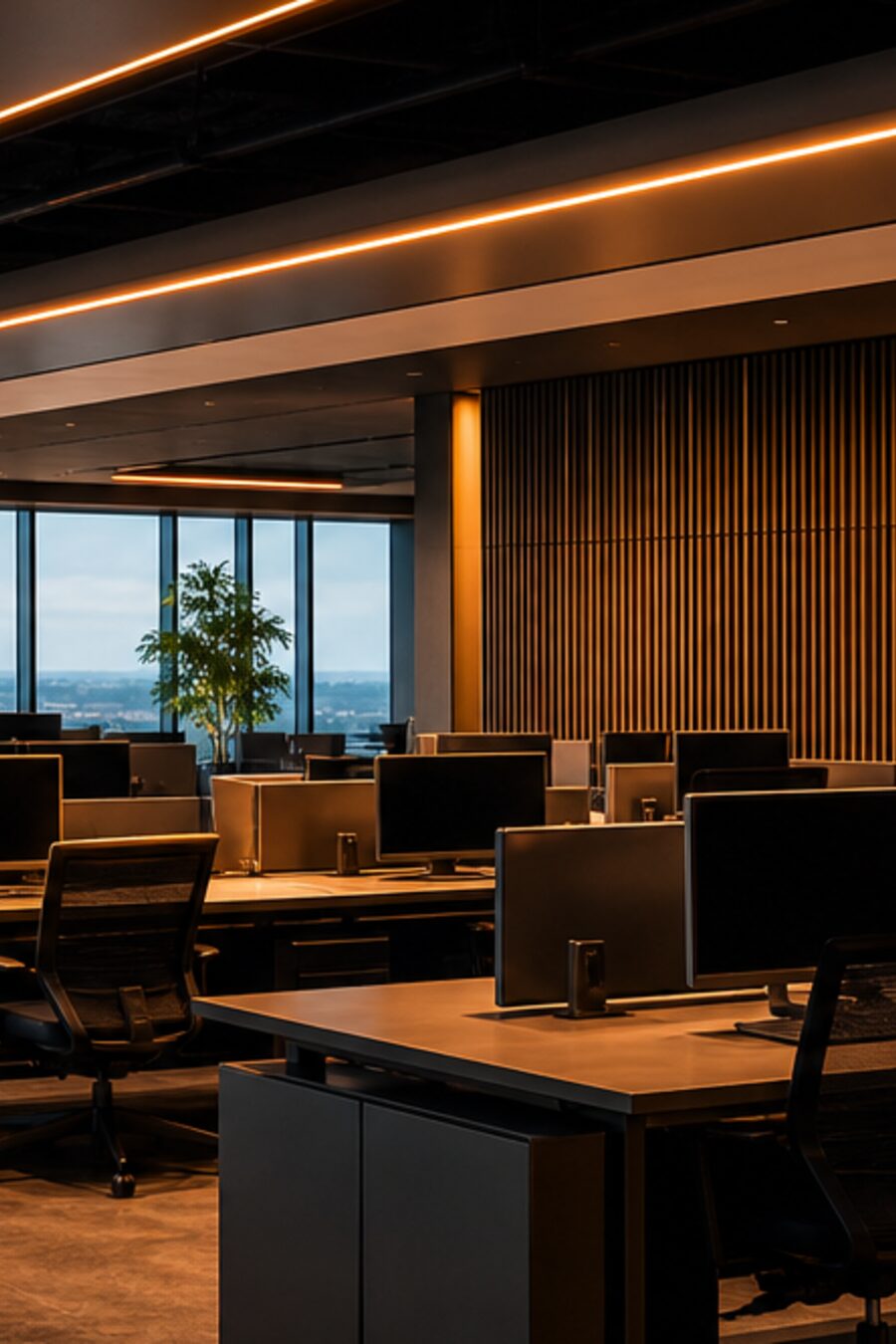 A modern agency workspace at dusk
