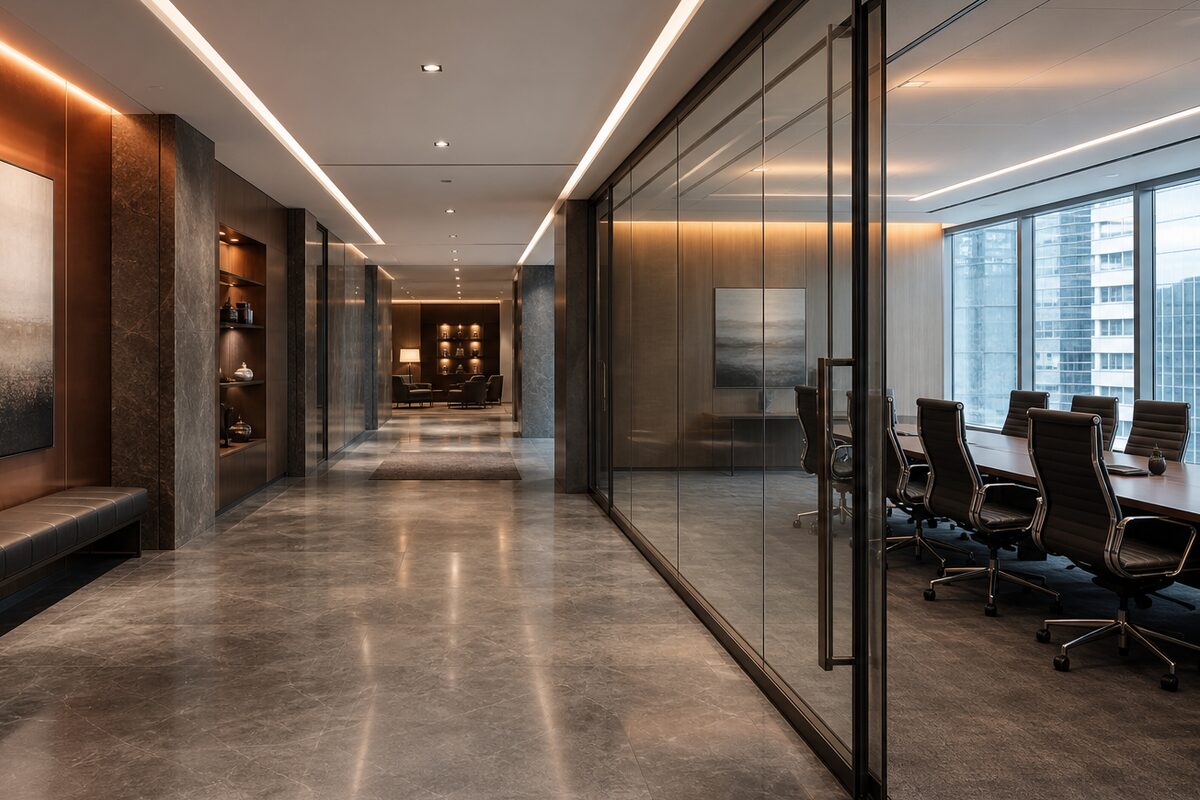 A quiet boardroom set for a partner meeting