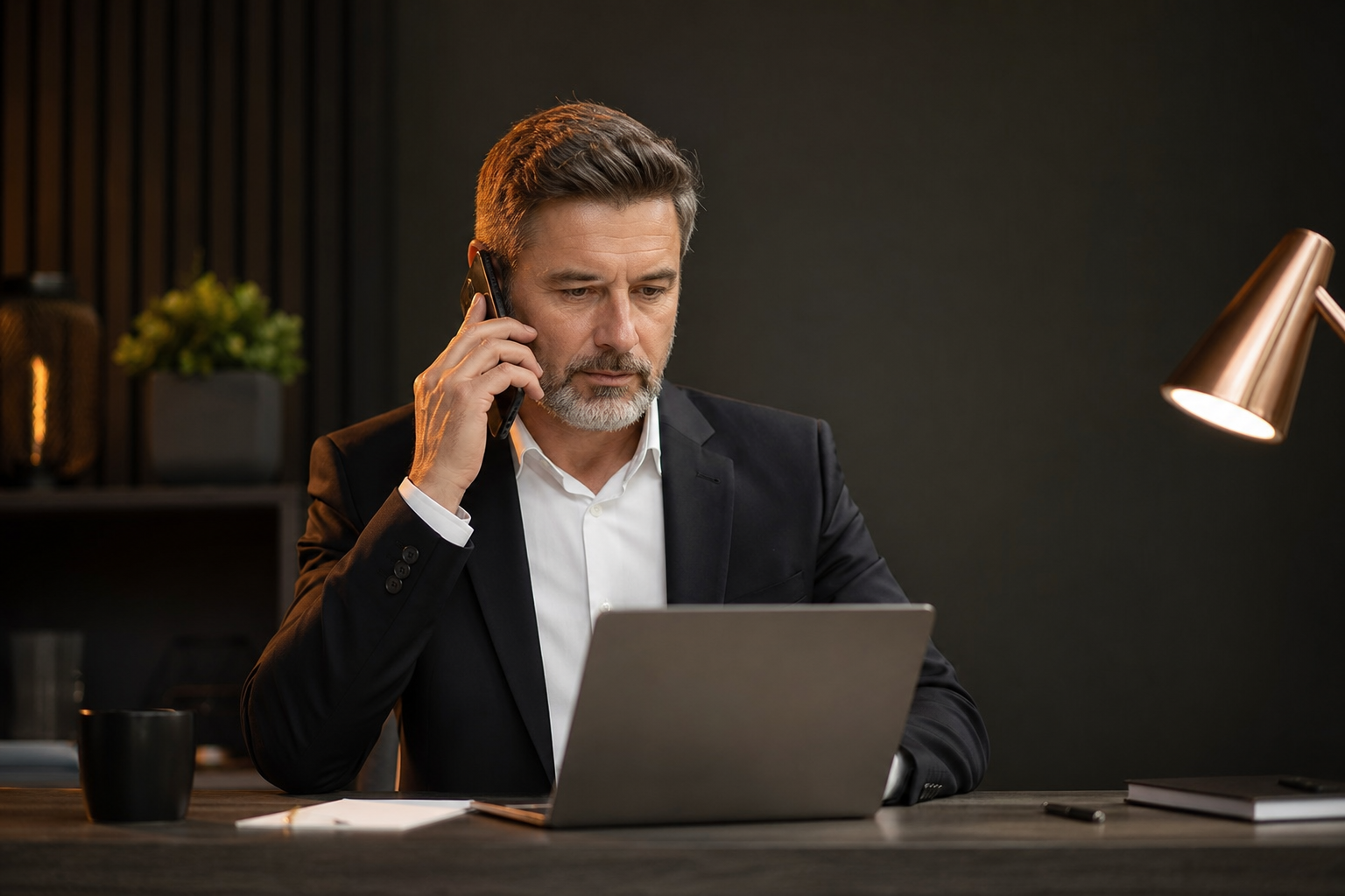 Licensed insurance agent on a focused sales call at a clean desk