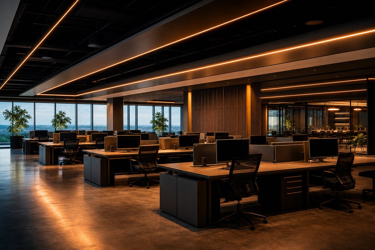 A modern agency workspace lit with amber accents